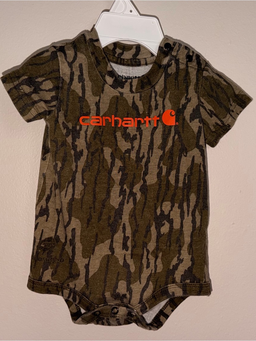Carhartt Olive & Dark Green Camo Short Sleeve Baby Bodysuit with Orange Logo
